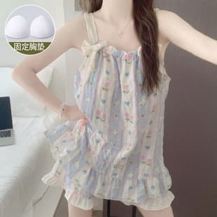 Women's Summer Pajama Set, Viral Hot Style, Sweet and Cute Camisole and Shorts, Can Be Worn Outside, Built-in Pads, Loungewear Set