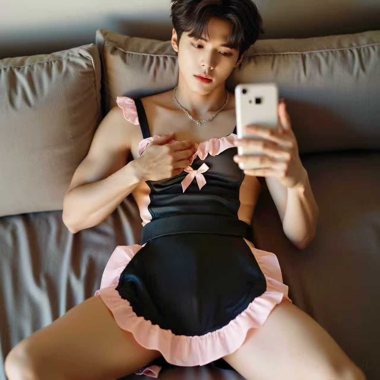 Sexy Lingerie Butler Apron Set, Male Uniform Plus Size Crossdresser CD Pure Desire Server with Bell Drop Shipping