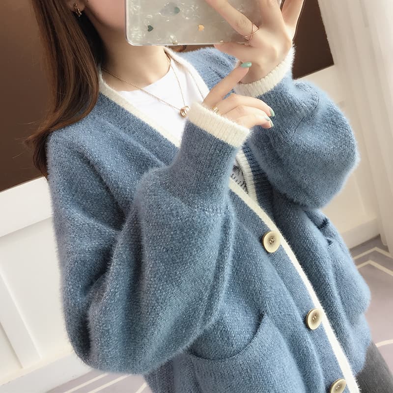 Chenille Soft and Sticky Versatile Sweater Women's Coat Spring/Autumn New Style Loose Slimming Color Block Faux Mink Fur Knitted Cardigan