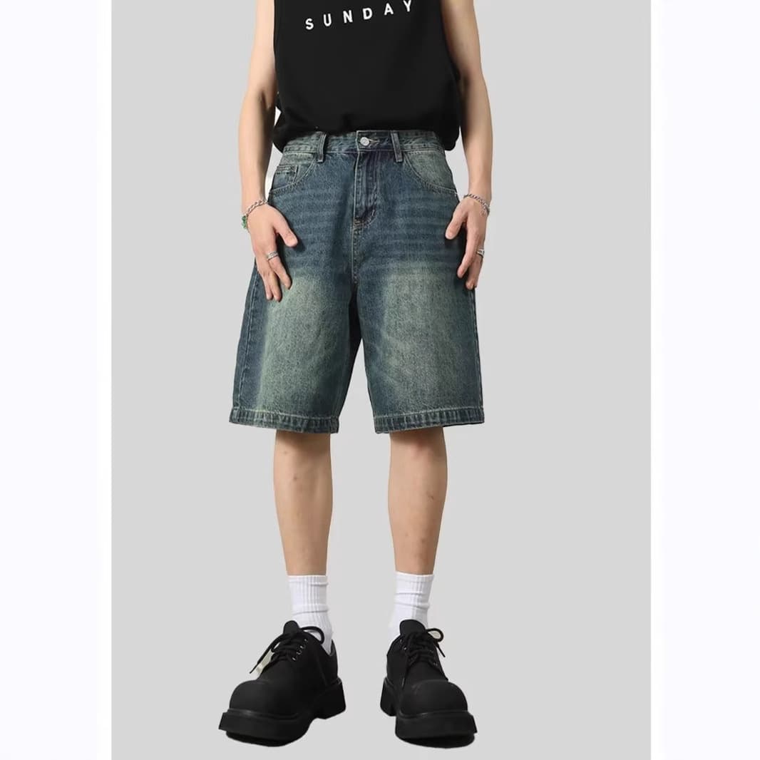 2025 summer new retro blue denim shorts men's loose straight slim wide-leg pants ins trend