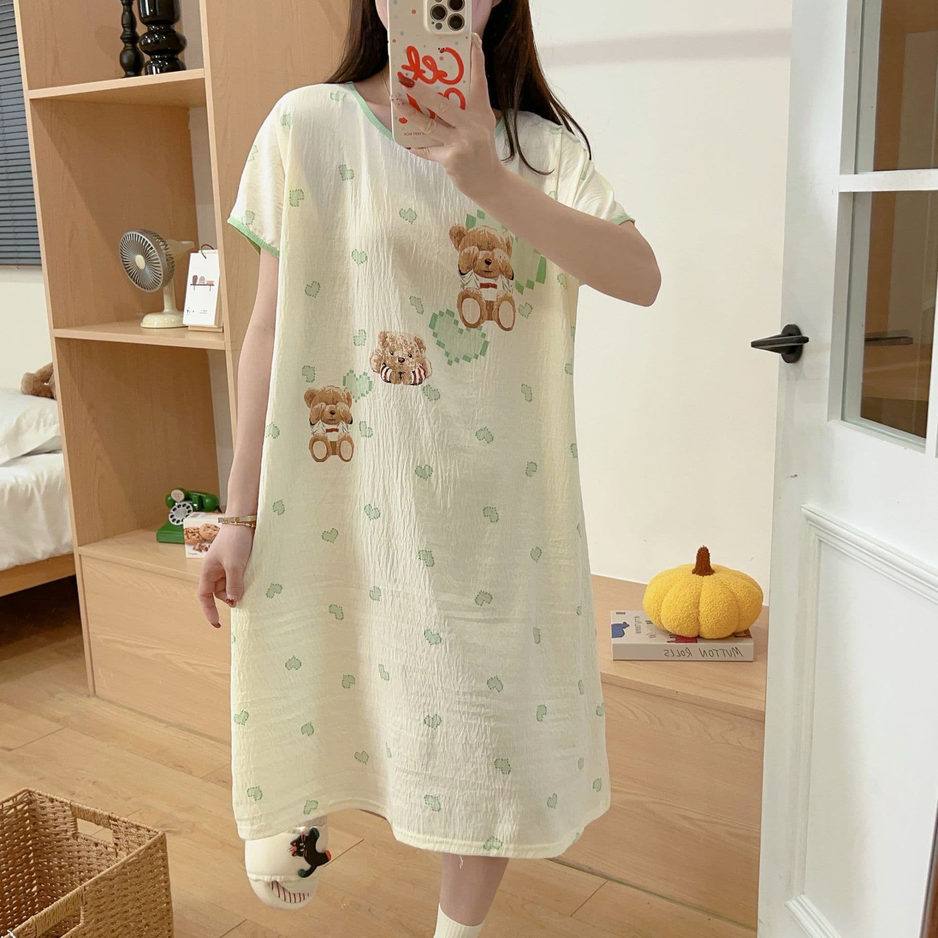 Nightgown New Style Cloud Cotton One Size Girls Pajamas Female Summer Short Sleeve Pullover Cartoon Cross-border Single Running Volume Live Broadcast