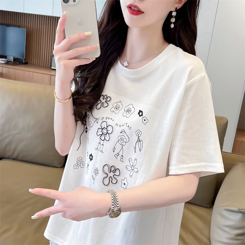 Cotton Printed Floral Letter Summer Versatile Simple Korean Loose Slimming Short-Sleeve Base Shirt Women's Inner Shirt