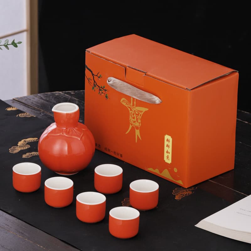 7-Piece Ceramic Wine Set Gift Box, Auspicious Design Baijiu Cups, Warm Wine Pot and Dispenser for Business and Wedding Gifts