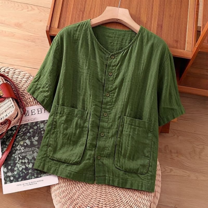 Solid Short Sleeve Shirt for Women 2026 New Summer Round Neck Cotton Linen Blouse Loose Slimming Top