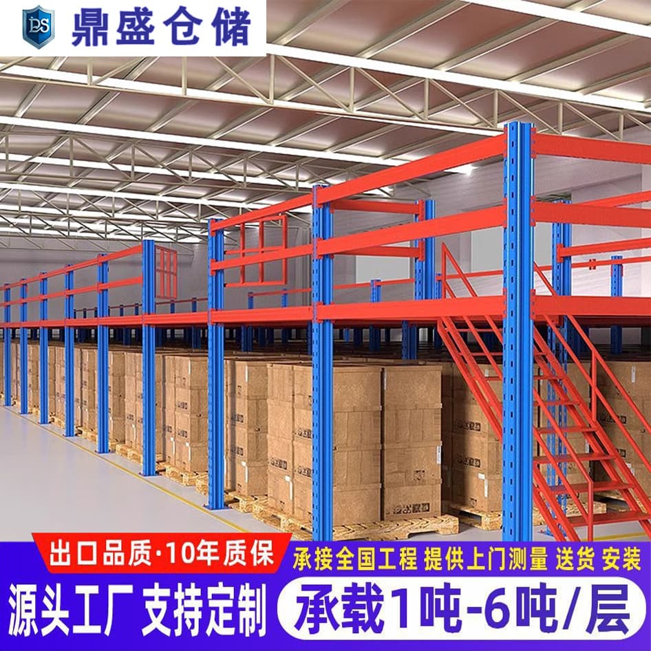 Attic platform shelving construction for two-story warehouses, factory offices, removable weld-free I-beam storage racks