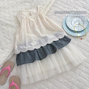 Orange Home Girls Summer 2026 New Plaid Patchwork Tulle Skirt High-Density Cotton Embroidered White Moonlight Princess Dress
