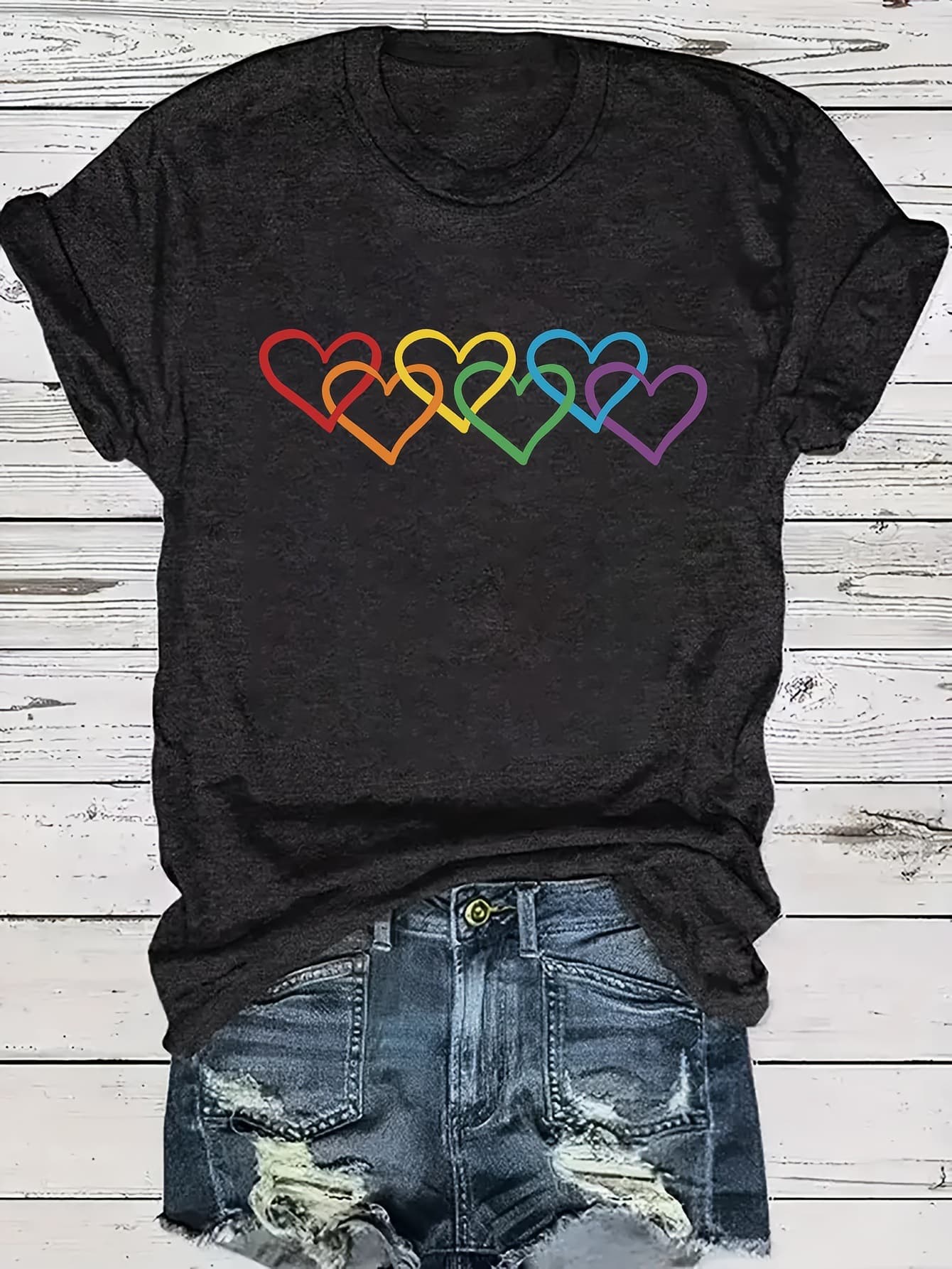 Pride Day Colorful Heart Print Fashion Casual Short Sleeve Round Neck Women's Summer T-Shirt