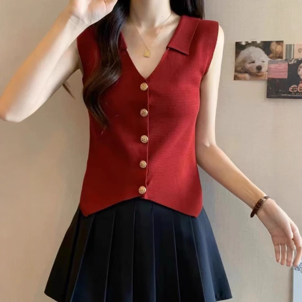 New Summer Style Elegant Polo Collar Thin Slim Fit Camisole Vest Women Unique Ice Silk Sleeveless Top