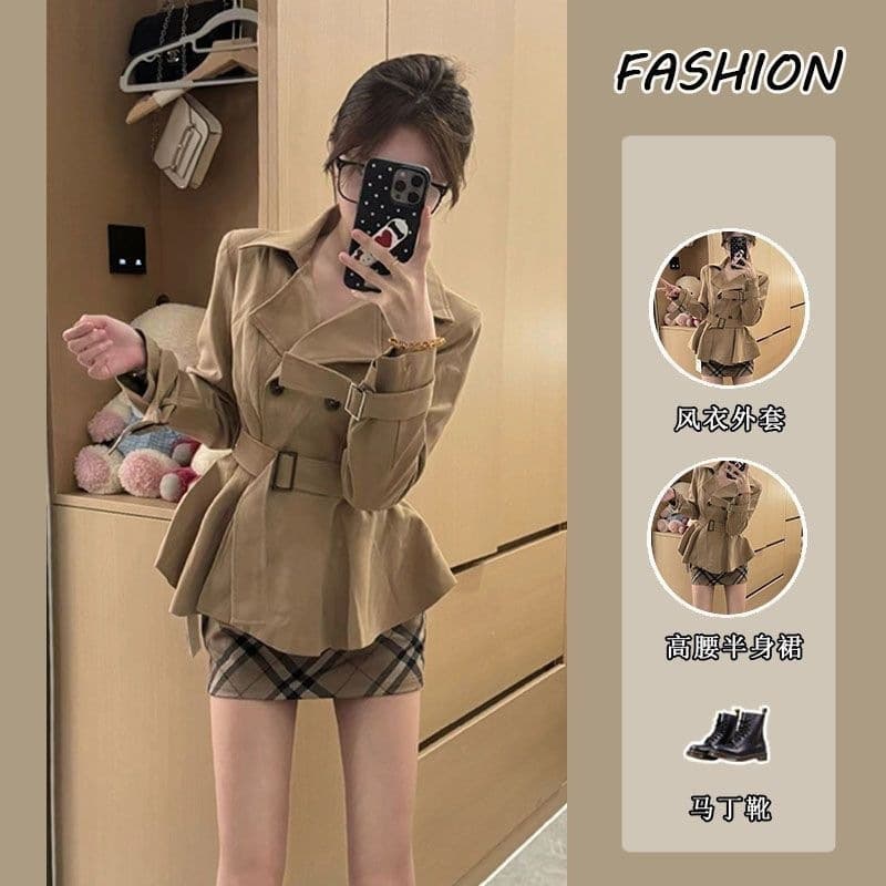 Fall High-Waist Slimming Khaki Short Trench Coat + Plaid Bodycon Mini Skirt Set for Women