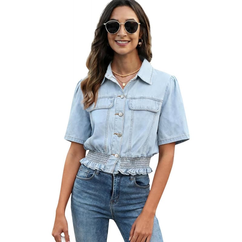 Cross-border Amazon European and American Style Short Sleeve Denim Shirt for Women 2026 Summer New Short Jacket Denim Coat