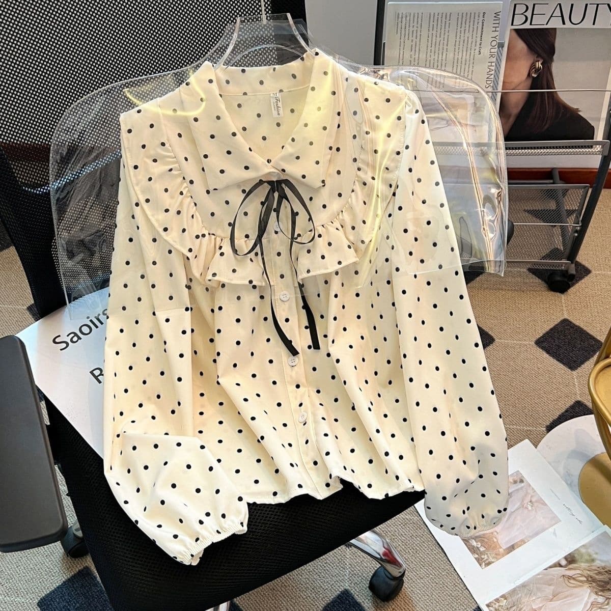 Spring New Tie-Front Long-Sleeve Polka Dot Blouse Autumn New Arrival Top 2026 French Style Ruffle Bow