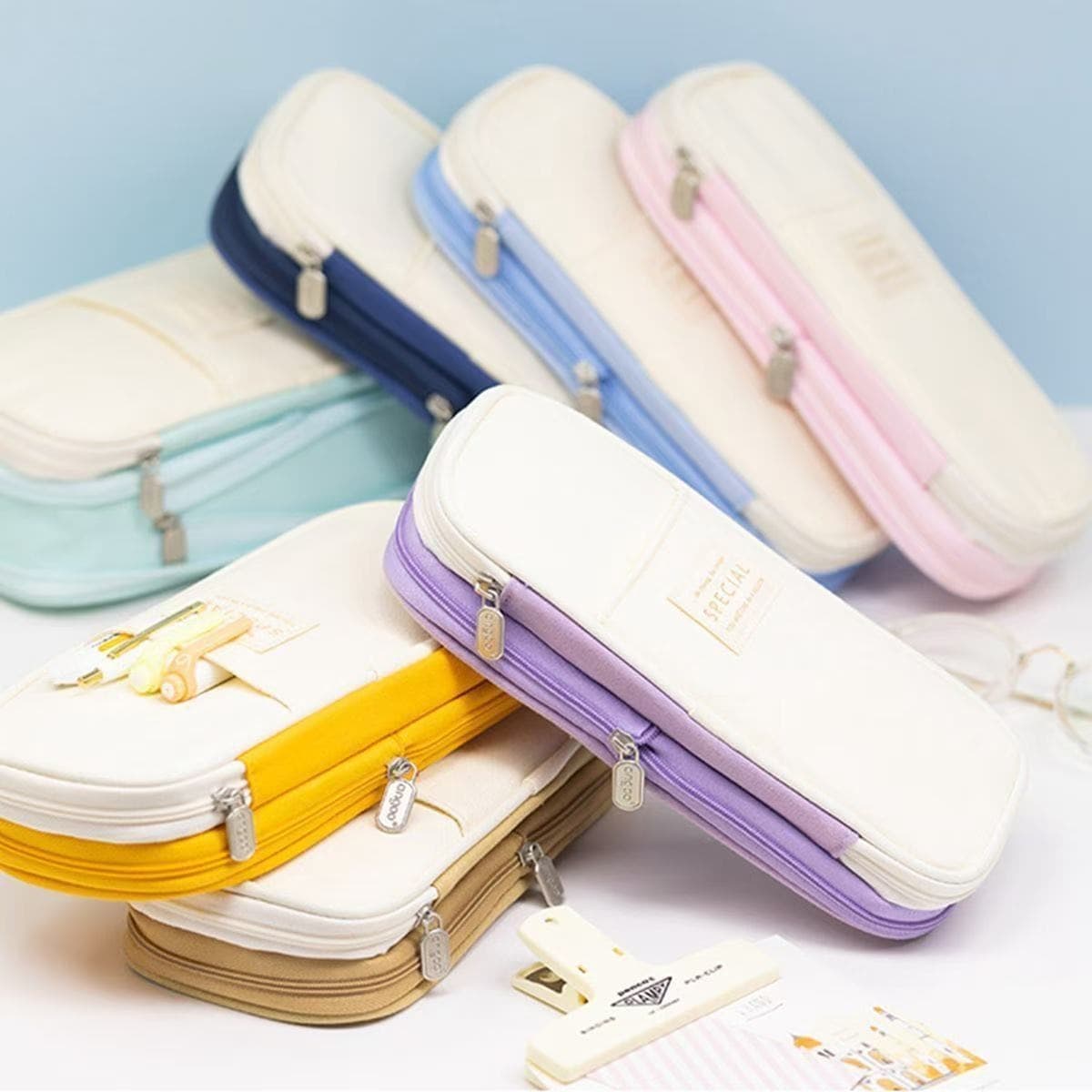 Large Capacity Stain-Resistant Pencil Case Student Creative Stationery Storage Bag Macaron Color Two-Tone Pencil Case Pen Box