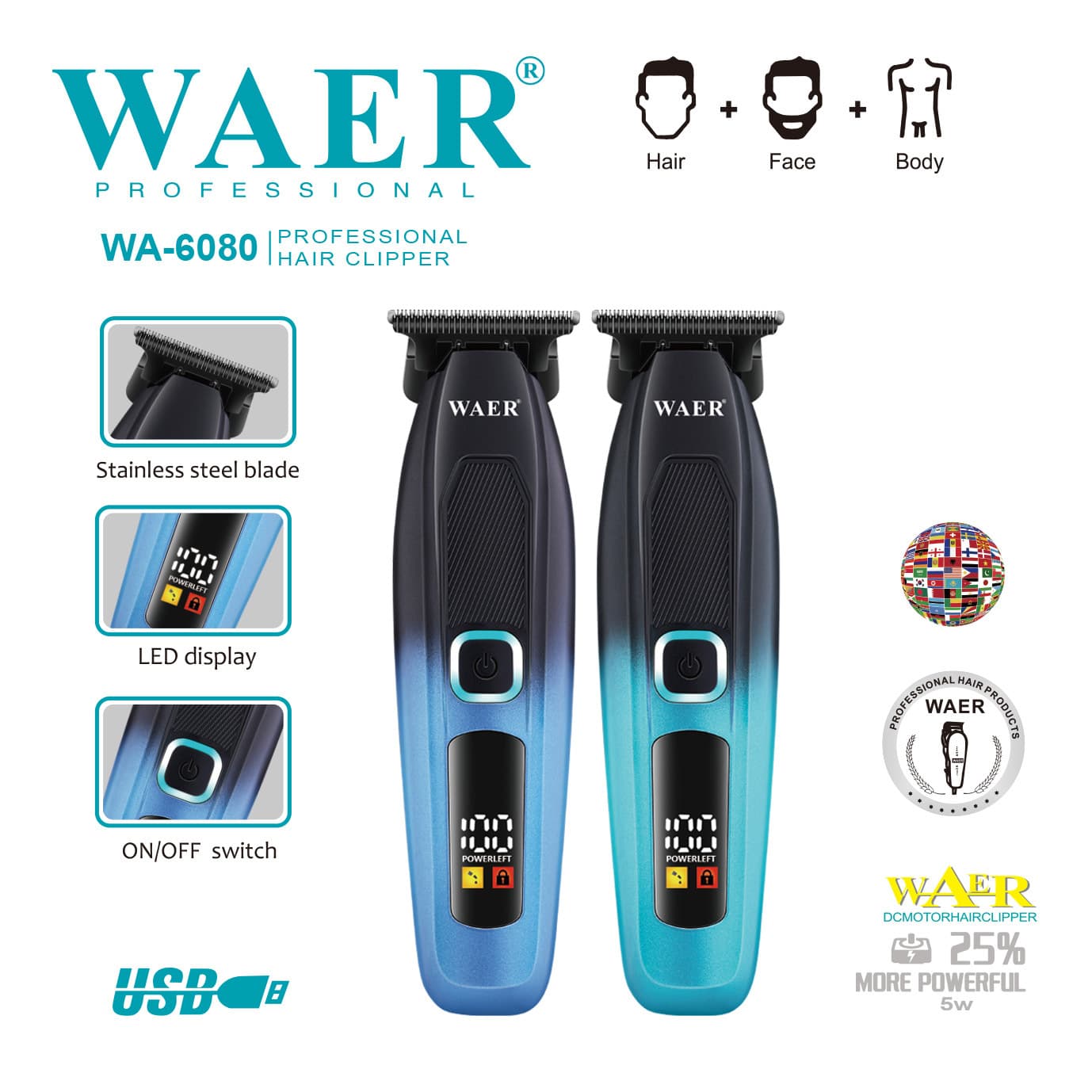 WAER Hair Clipper Cross-border Electric Hair Trimmer for Barbershop Men's Taper Fade, Bald Head Shaver, Home Use