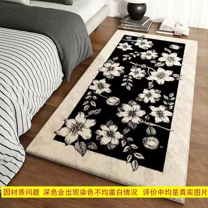 Bedroom bedside rug, plush vintage French style, washable, wipeable, lightweight luxury feel, living room carpet