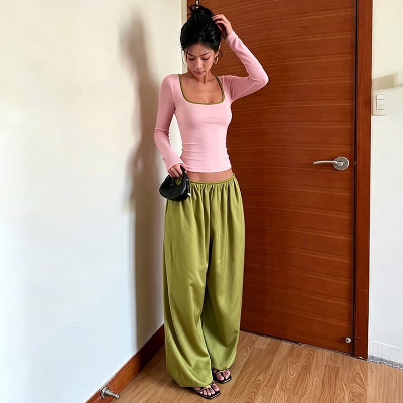 European and American 2026 new summer women's clothing sexy square collar solid color long-sleeved T-shirt top waist pleated trousers suit