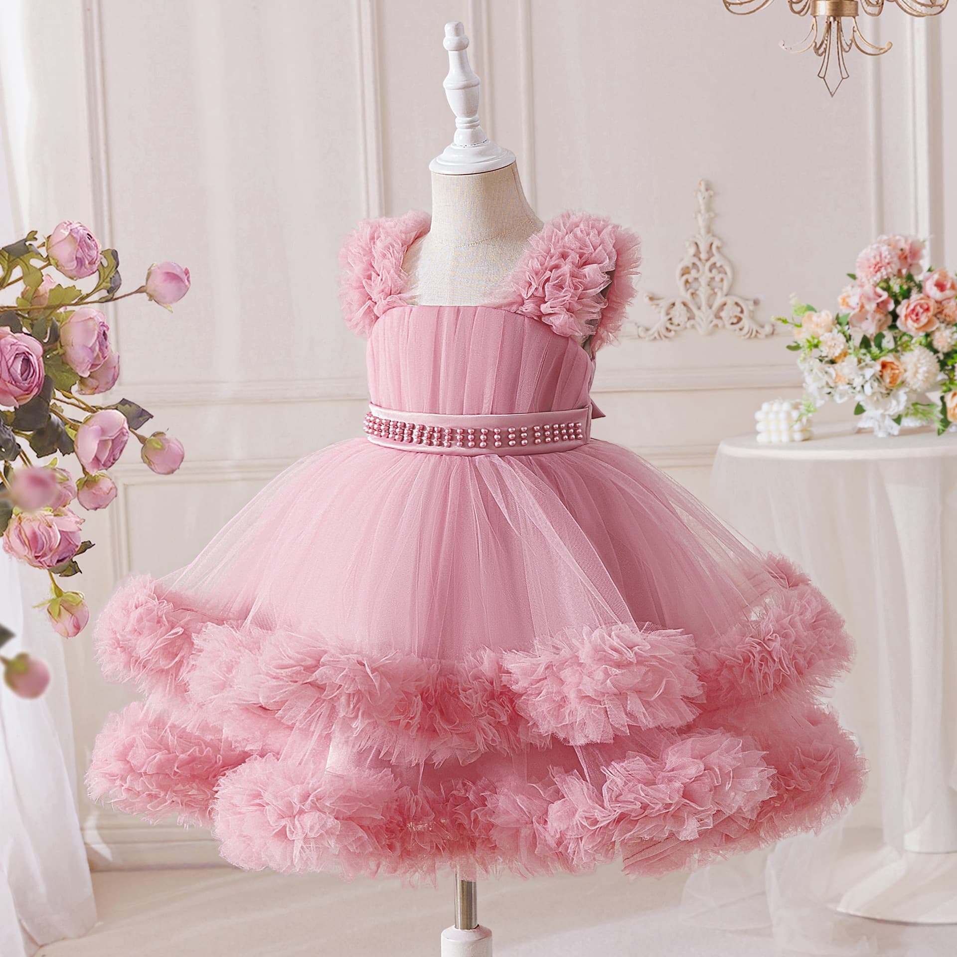 Children's Tulle Skirt Birthday Party Evening Dress Beaded Tulle Princess Dress Beaded Children's Formal Dress 140cm and Above