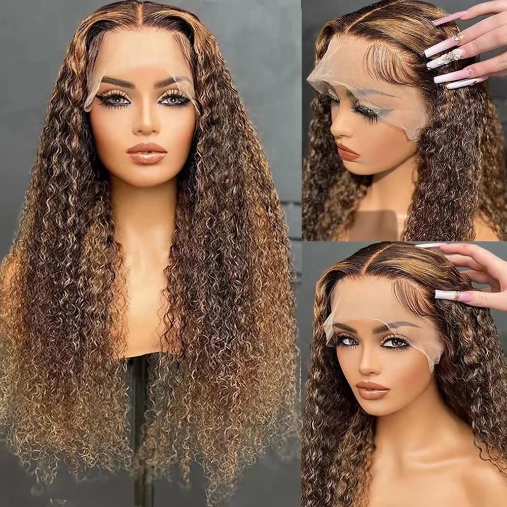 African Human Hair Wig Lace Frontal Piano Color Small Curl Wig Lace Hair Cover Long Curly Hair Suitable for Any Skin And Face