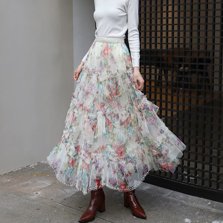 European-style heavy-duty beaded irregular hem spliced printed tulle skirt colorful cake skirt mesh long skirt for women