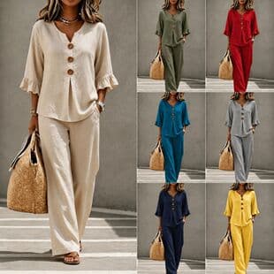 2026 European and American Cross-Border Trade Women's New Casual Button V-Neck Ruffle Three-Quarter Sleeve Top and Long Pants Two-Piece Set