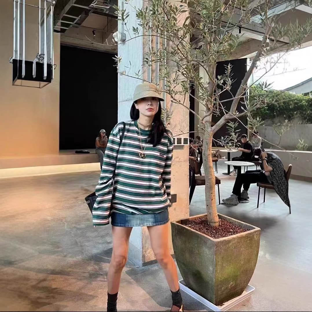 Miu Family 24SS New Casual Loose Color Block Striped Long Sleeve T-Shirt Unisex Couple Style Top Cotton Oversize Fit Women's Fashion