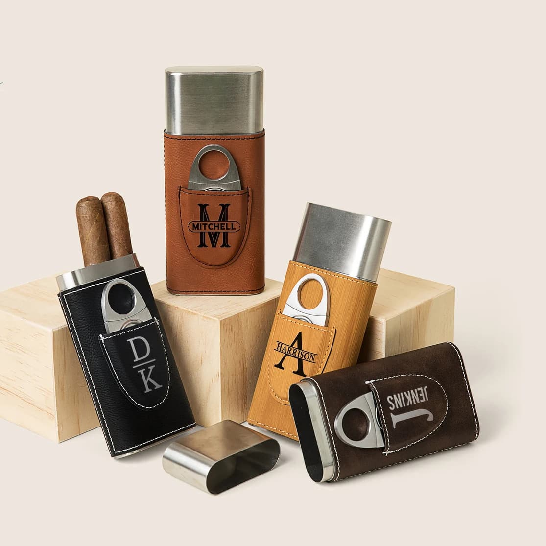 Cross-border hot-selling stainless steel cigar box with cigar cutter set, leather cigar box, laser-engraved logo available.