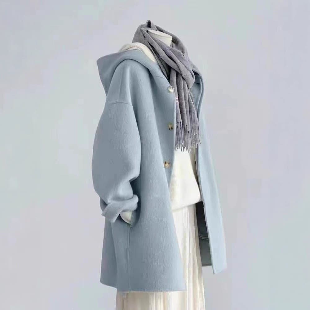 Fat mm plus size 300 pounds woolen coat women's autumn and winter fashion sense small cream blue hooded coat