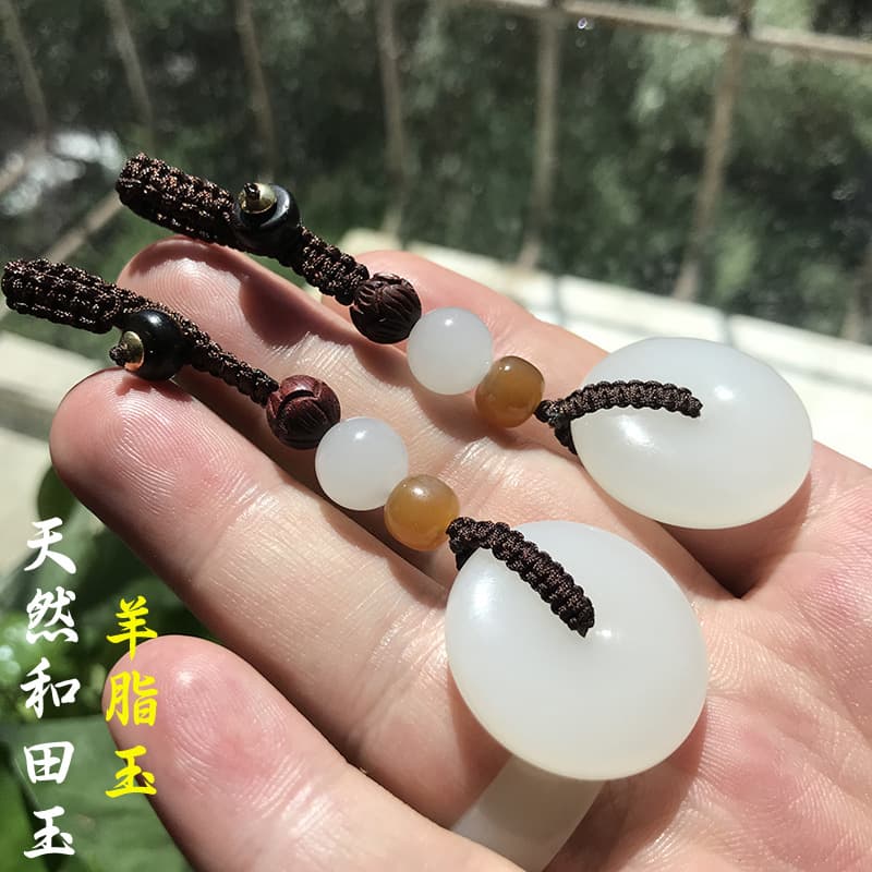 Collectible Grade Xinjiang Hetian Mutton Fat Jade Peace Button Car Hanging Ornament, Natural Genuine White Jade Bag Charm Keychain, Handcrafted