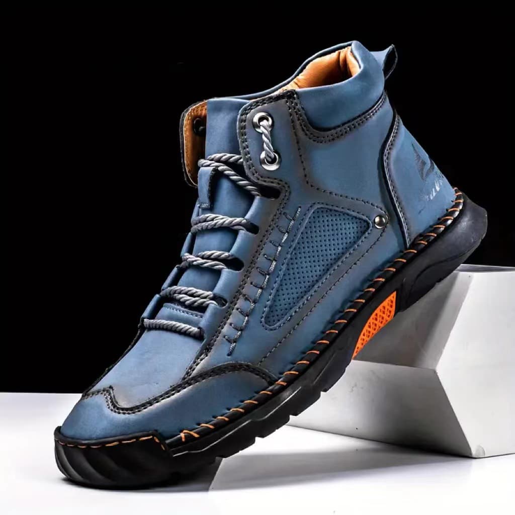 Cross-border Plus Size Men's PU Leather Boots Fashion Hand-Stitched Ankle Boots Flat Lace-Up Casual Shoes