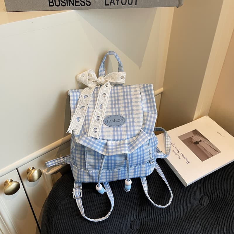 2025 New Autumn Drawstring Fashionable Large-Capacity Japanese Style Fresh and Stylish Design Plaid Canvas Backpack