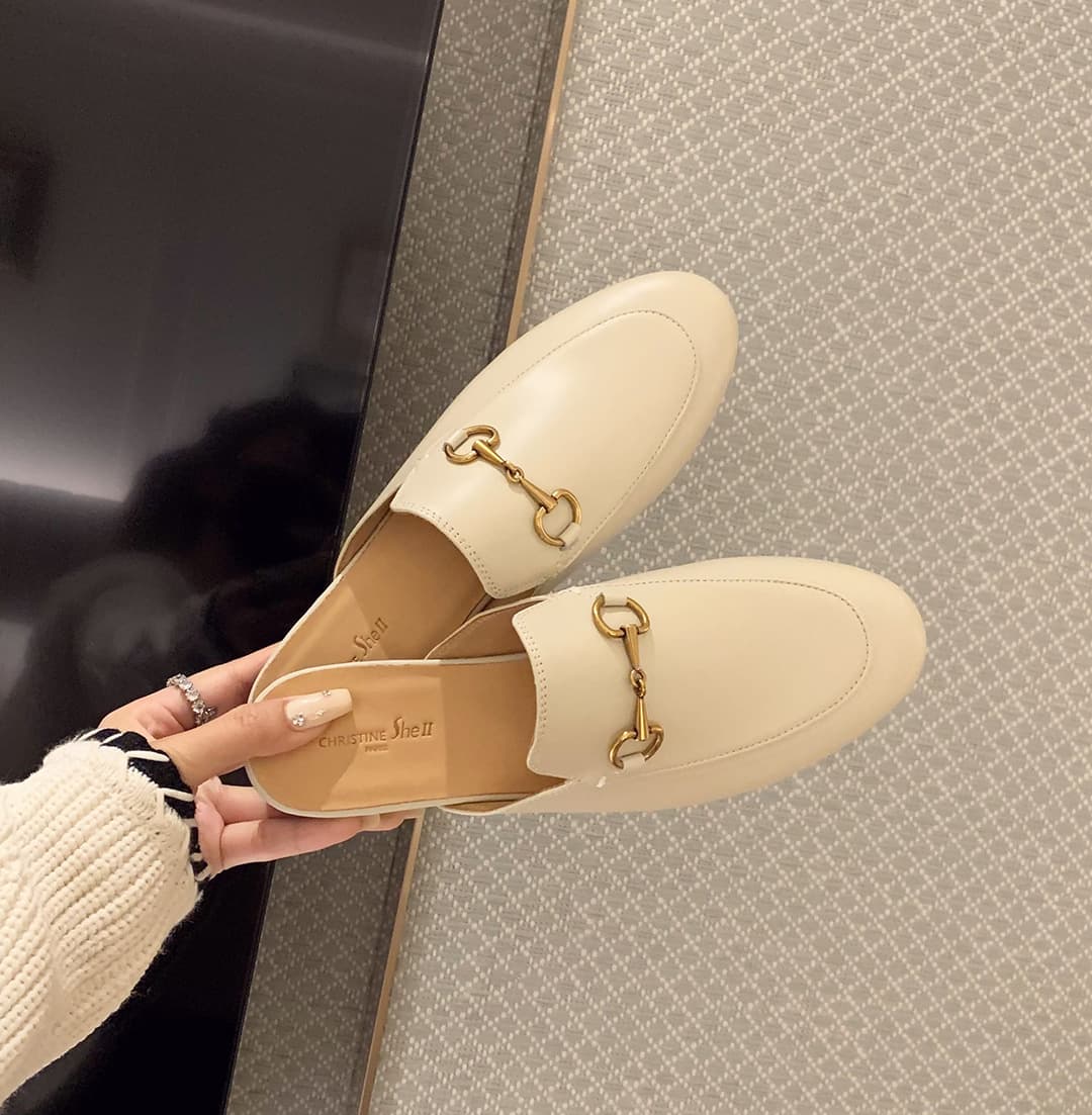 111-A1【Huidong Yixinda】Horsebit Leather Toe-Cover Mule Slippers for Women, Half Slippers with Metal Horsebit