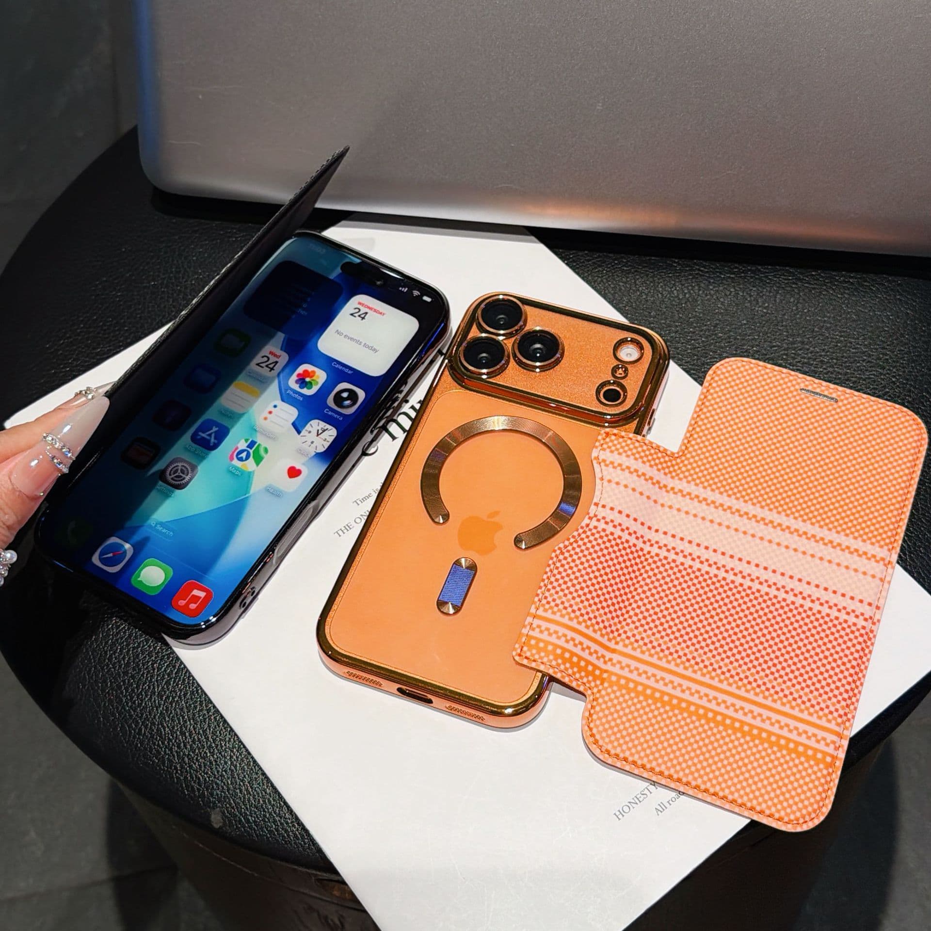 Compatible with iPhone 17 Pro Max Case, Leather Flip Cover Kevlar Magnetic iPhone 16 Card Slot Protective Case 15