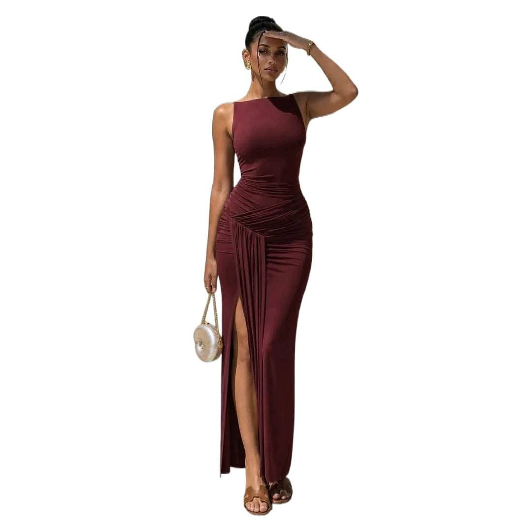 European and American One-Shoulder Stretchy Formal Long Dress with Waist Side Tie, High Slit, Slim Fit, Bodycon Fishtail Evening Gown