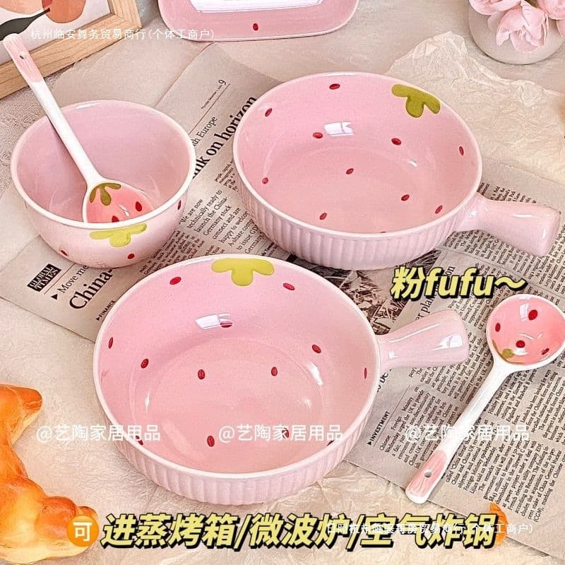 Cream Strawberry Underglaze Ceramic Handle Bowl Handle Plate Girl's Heart Noodle Bowl with Spoon Rice Bowl Chopsticks