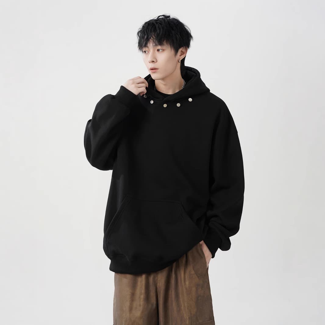 American Retro Men's Hoodie, Autumn Heavyweight Streetwear, Loose Fit with Studded Design, Casual Pullover