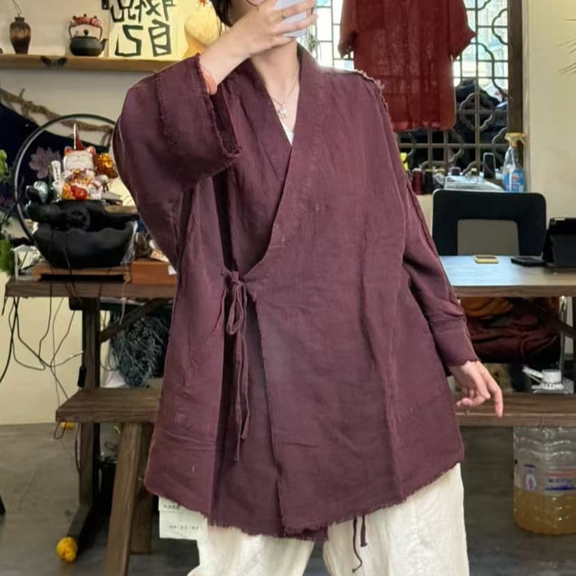 Vintage Asymmetrical Tie-Front Cotton-Linen Jacket for Women, Summer New Chinese Style Zen-Inspired Hanfu Cardigan, Linen Tea Wear Top