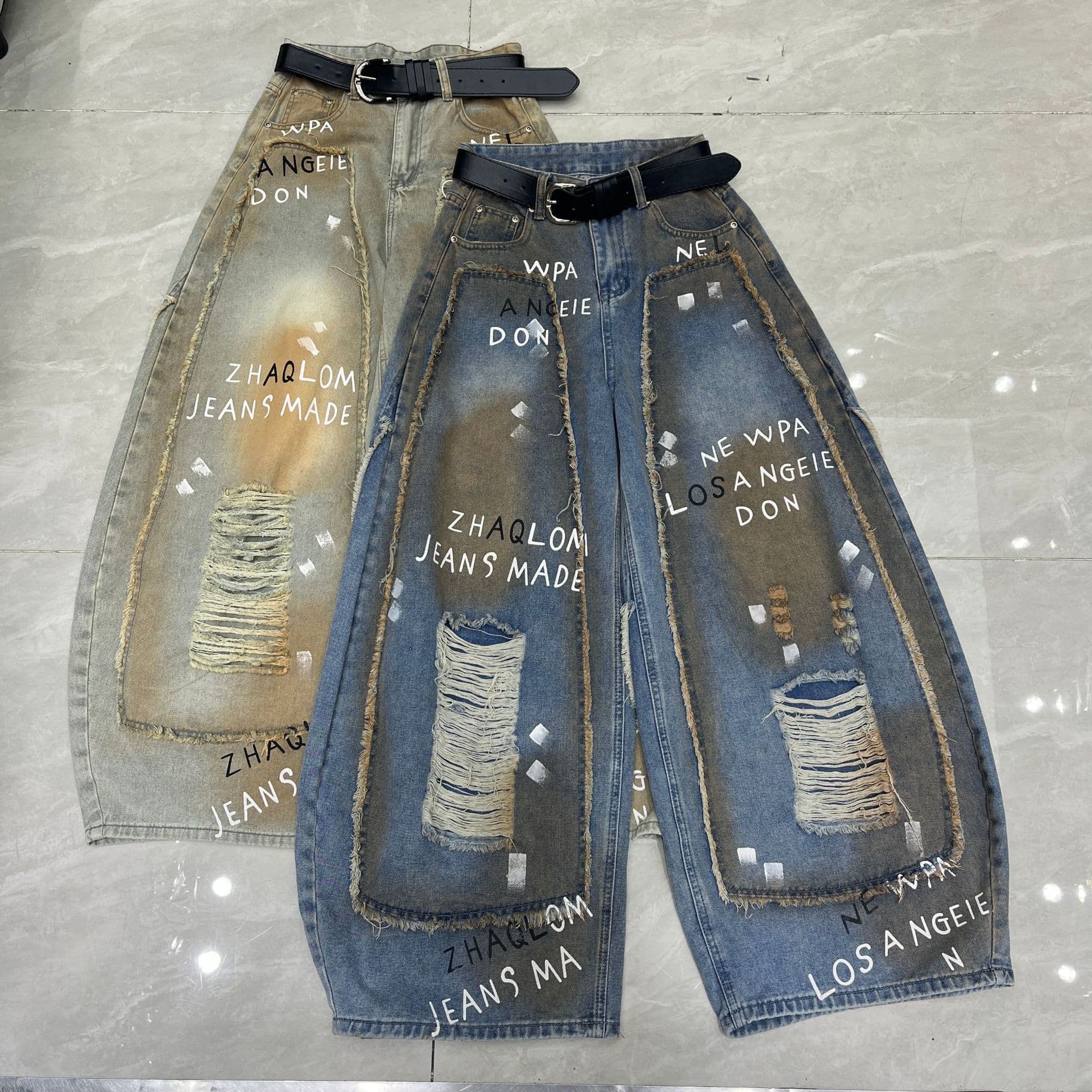American high-waisted casual jeans for women, new summer fashion, loose and personalized letter print, retro scimitar pants, trendy
