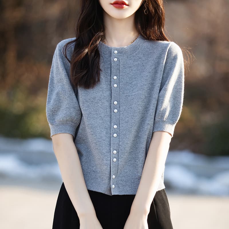 Retro Round Neck Pearl Button Short Sleeve Knitted Sweater Women Summer Thin Design Slim Fit Short Style Slimming Open Cardigan