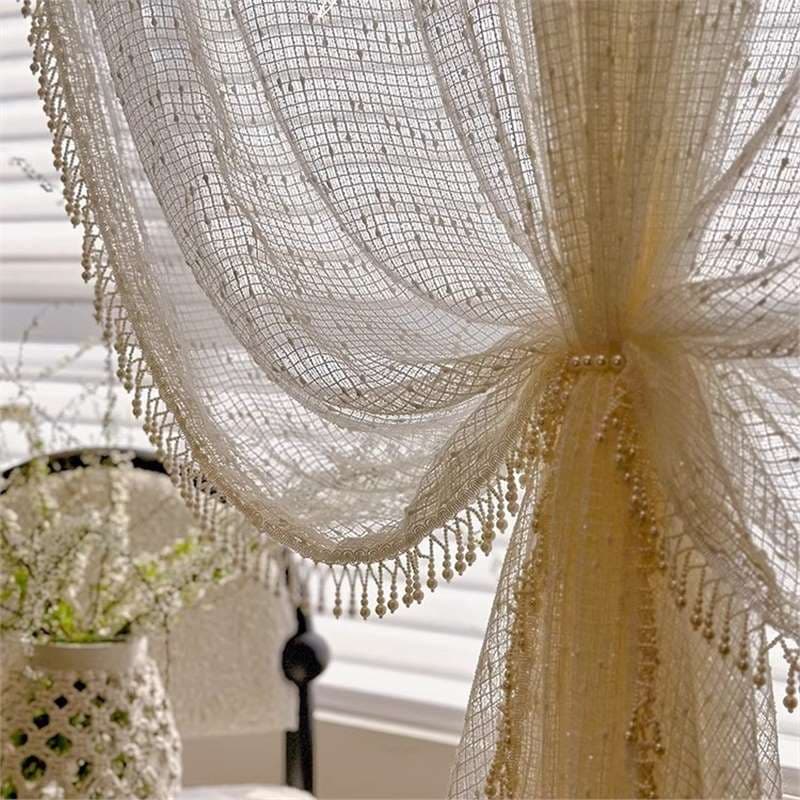 Isabella French Romantic Cream Vintage Pearl Lace Fairy Sheer Curtain with Glossy Finish Premium Curtain