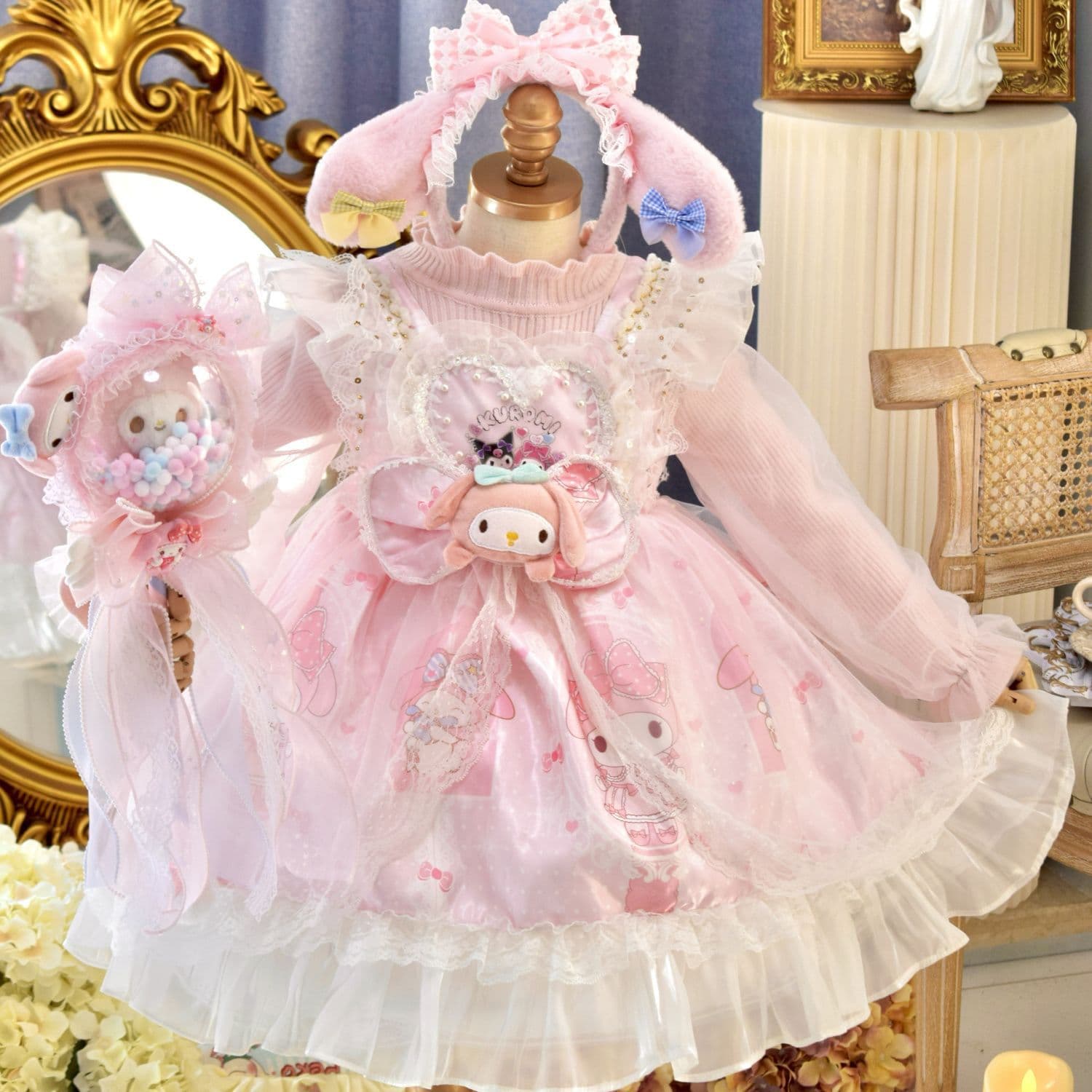 My Melody Princess Dress for Children, Autumn/Winter Lolita Style, Cute and Stylish Birthday Dress, Pink Knitted Dress