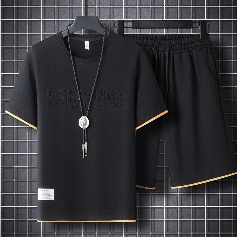 Summer Men's Set - Casual Short Sleeve T-Shirt and Shorts with Embossed Cotton, Loose Fit, Faux Layered Design