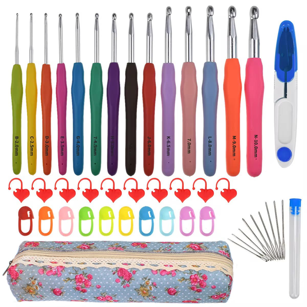 Cross-border Extended TPR Soft Handle Crochet Hooks US Size with Printing, Colorful Handle 14-Piece Extended Aluminum Crochet Hook Set