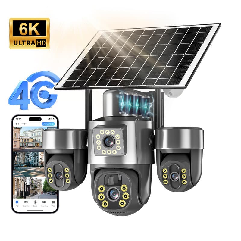 V380PRO Triple-Lens Triple-Pan-Tilt Solar Camera Wireless 4G Camera Triple-Screen Surveillance