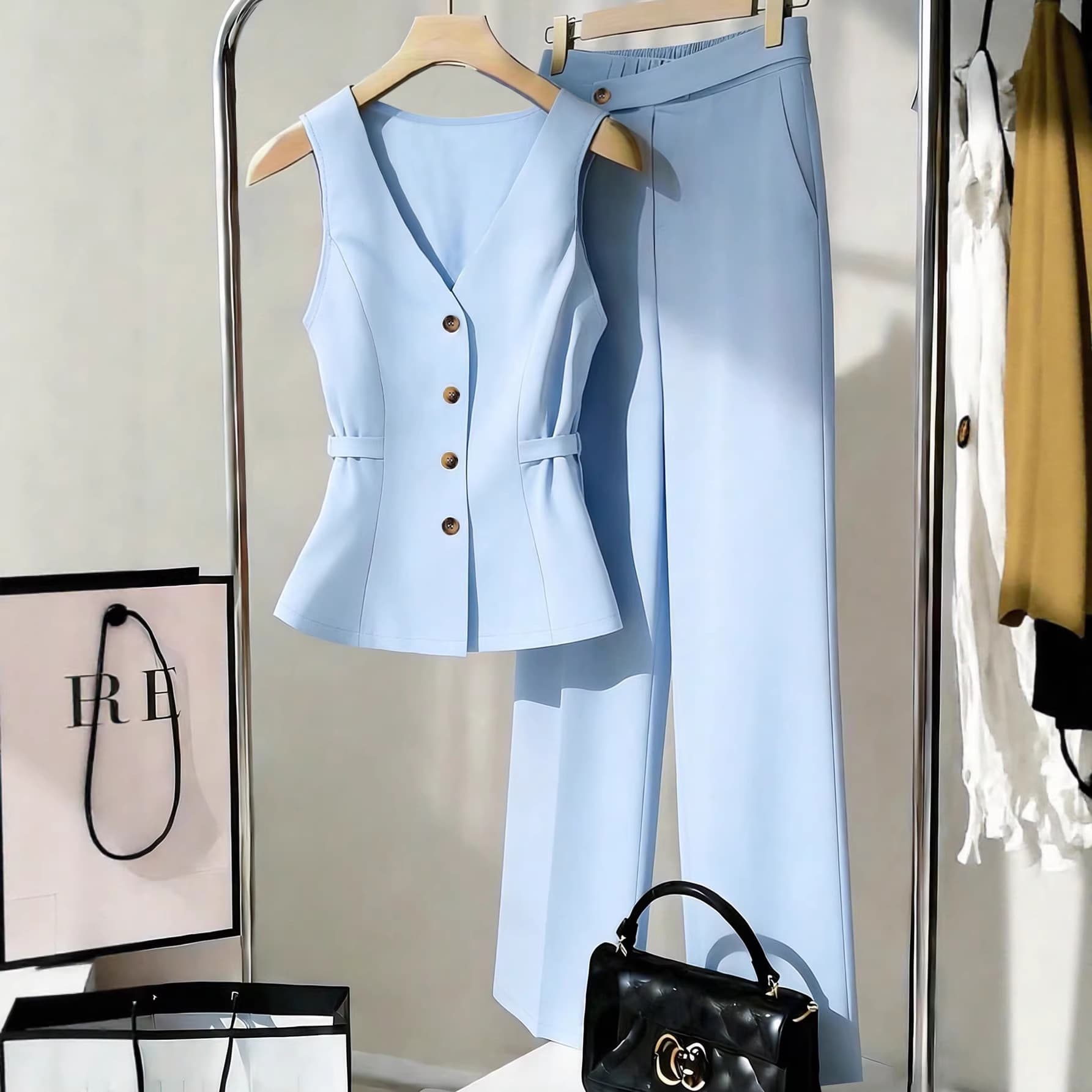 In Stock Cross-Border Women's New European and American Fashion Commuter Suit Sleeveless Waist-Cinching Vest and Trousers Two-Piece Set