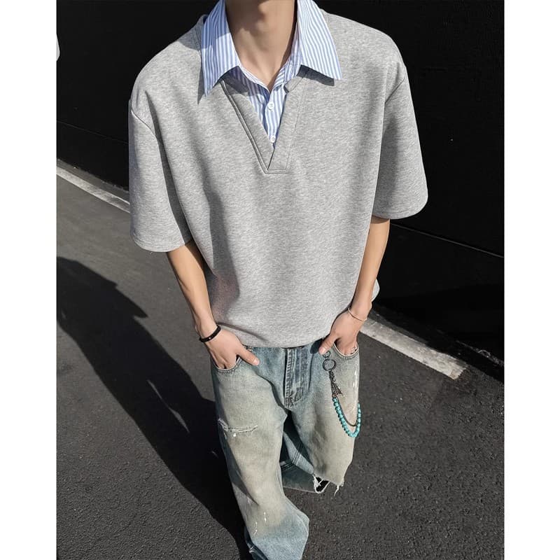 Faux Layering Shirt Collar Short Sleeve T-Shirt Men's Summer New Design Versatile Cool Loose Fit Tee