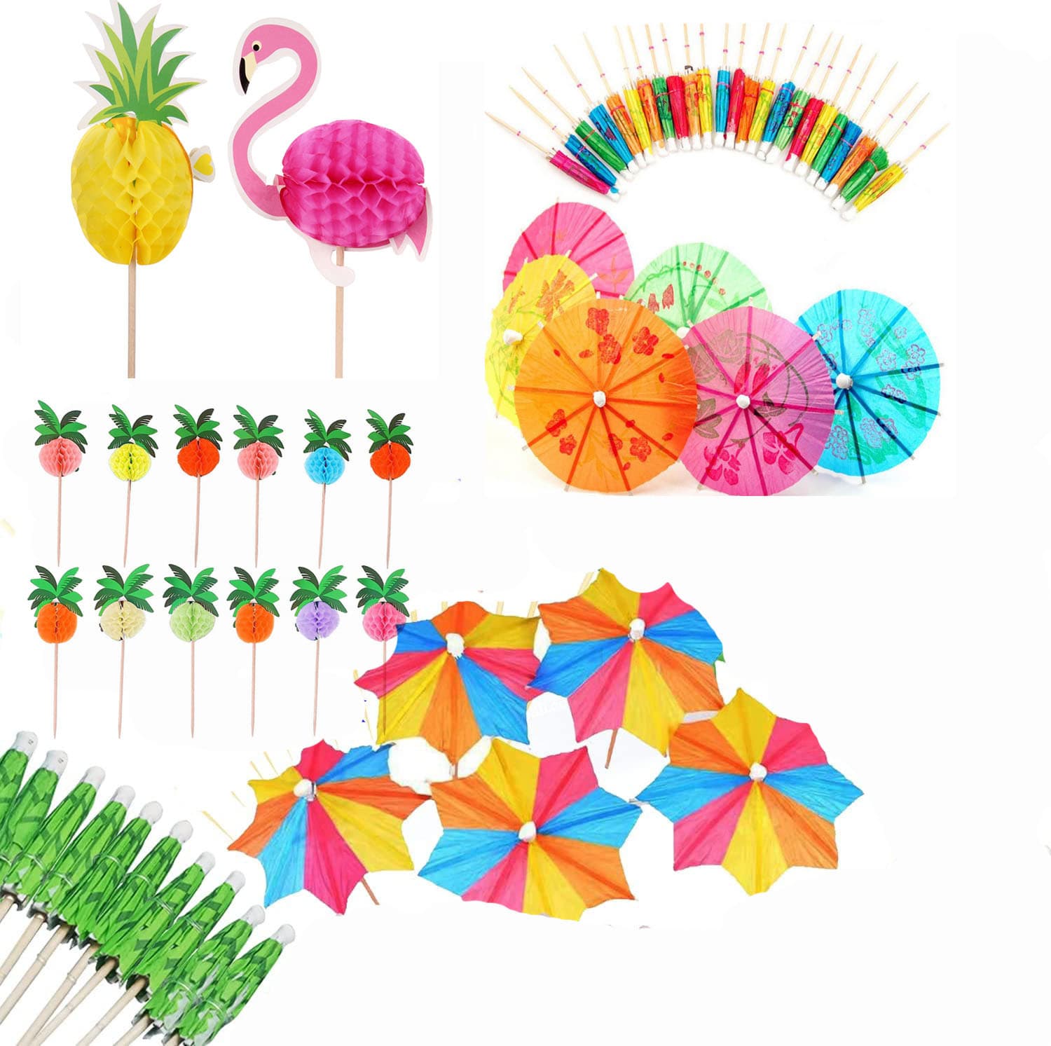 Hawaiian Coconut Tree and Honeycomb Fruit Skewers, Disposable Cocktail Decorative Umbrella Skewers, Octagonal Umbrella Skewers, Mini Sets