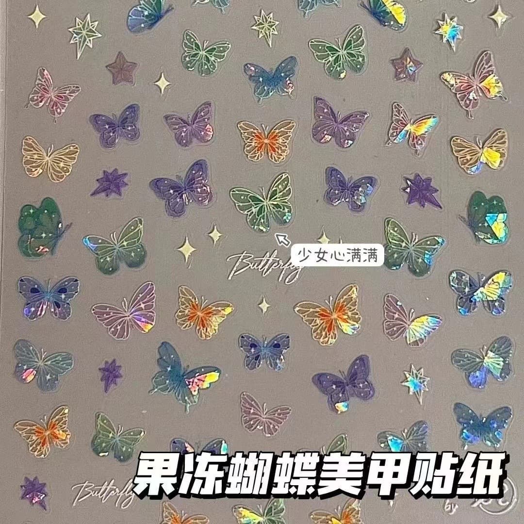 Xiaohongshu Viral Butterfly Wing Iridescent Sticker Premium Flat Holographic Sticker Colorful Butterfly Fairy Nail Sticker