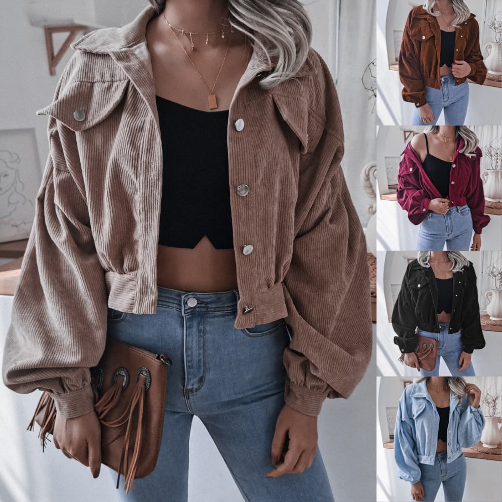 New Autumn/Winter European and American Cross-Border Lantern Long Sleeve Corduroy Casual Short Jacket Single-Breasted Women's Coat