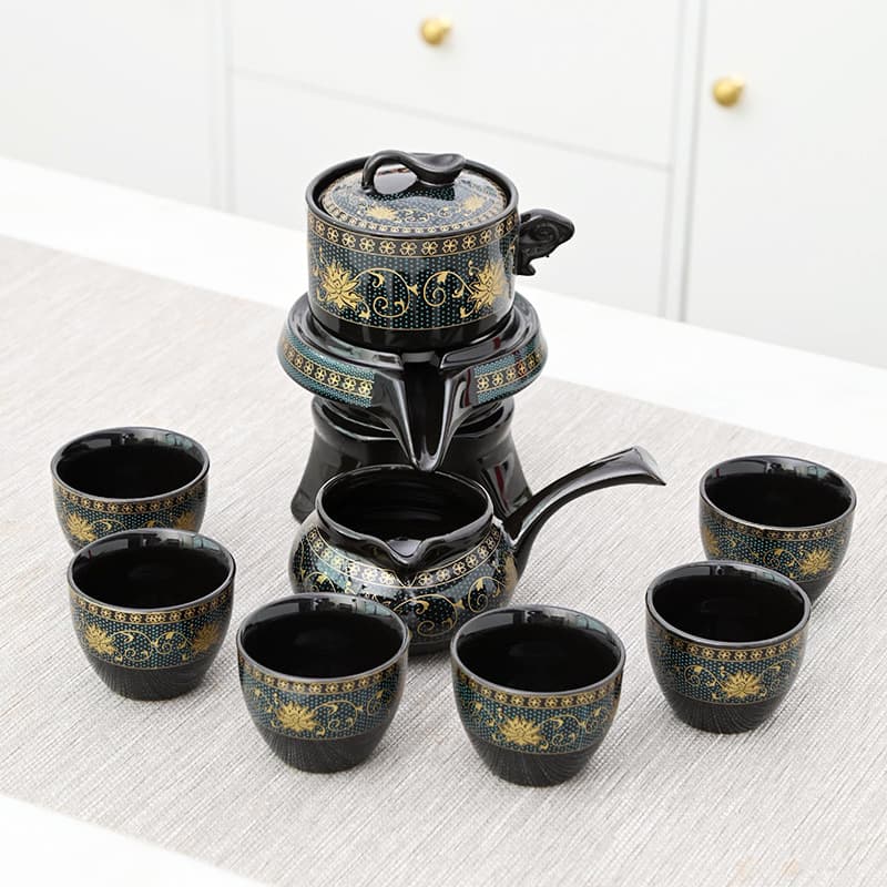 Creative Full-Flower Graphite Automatic Rotating Tea Set - "Fortune Turning" Retro Ceramic Kung Fu Gift for Lazy Live Streaming