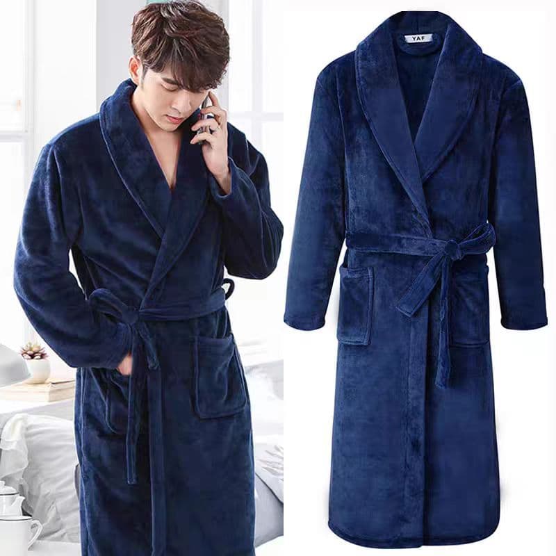 Men's Flannel Thick Long Robe, Men's Coral Fleece Hooded Bathrobe, Amazon Shein Label Cross-Border
