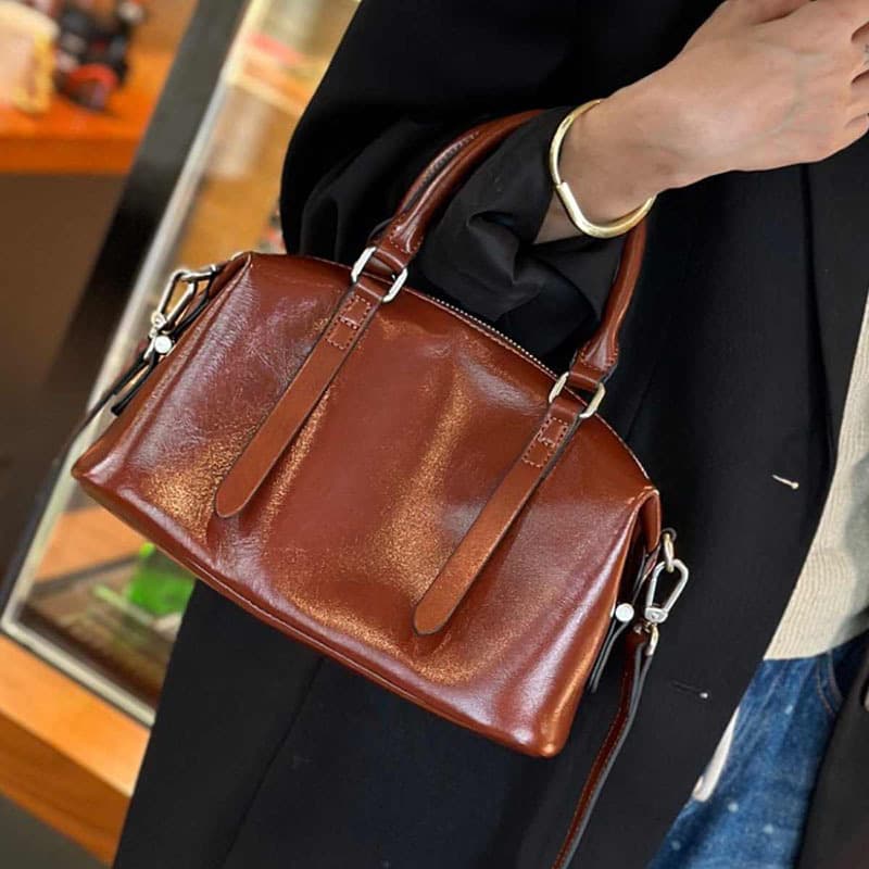 Source Factory Boston Bag Crystal Tree Bark Grain Soft Cowhide European and American Vintage Custom Shoulder Crossbody Handbag for Women